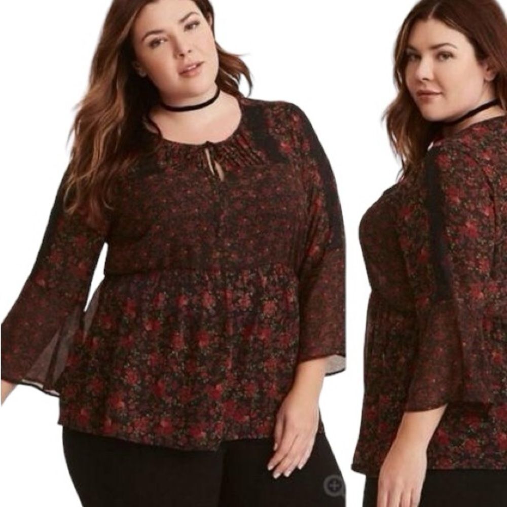 Torrid Red Black Rose Blouse Sheer Chiffon Bell Sleeve Lace Trim Top size 4X